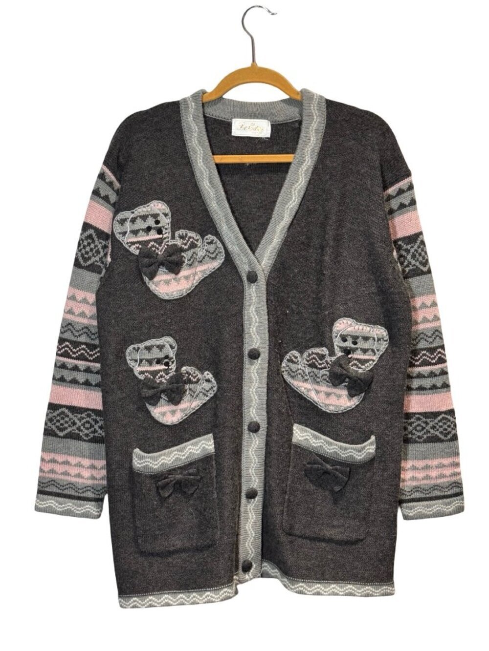VTG Teddy Bear Cardigan Sweater Bows Italy Wool Blend XL Grandma Cottage 3D
